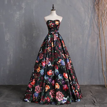 

Evening Dresses 2020 New Arrival Strapless A Line Big Rose Floral Printed Prom Gown Sweep Train Dresses robe de soriee