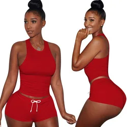 Adding Logo Women Summer Set Top And Pants Set Drawstring Short Set Skinny Solid Color Sweet Track Suit Top Pant Two Piece women's swim shorts Shorts