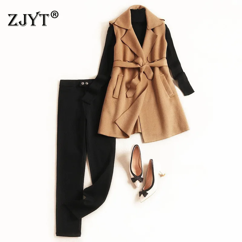 

2019 New Autumn Winter Women Outfit Fashion Designer Long Sleeve Knitted Top+Woolen Jacket+Pencil Pants Suit 3Piece Clothing Set