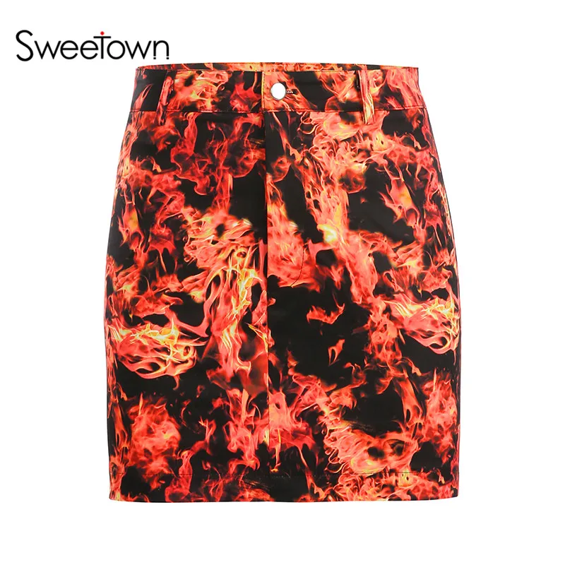 skirt Sweetown, панк, готический, Пламенный, с принтом огня, комплект из двух предметов, куртка-бомбер и юбка, спортивный костюм для женщин, Клубная одежда, комплект, уличная одежда - Цвет: skirt
