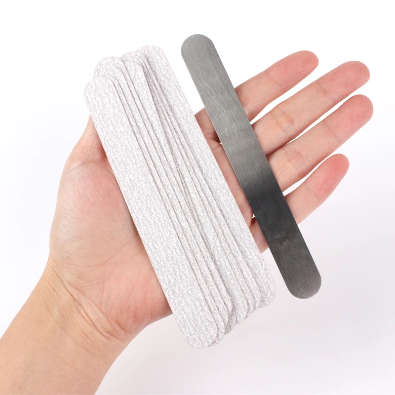 50pcs Mini Replaceable Sandpaper Nail File 100/180/240 Grey/Black Straight Removable Pads Stainless Steel Handle Metal Buffers