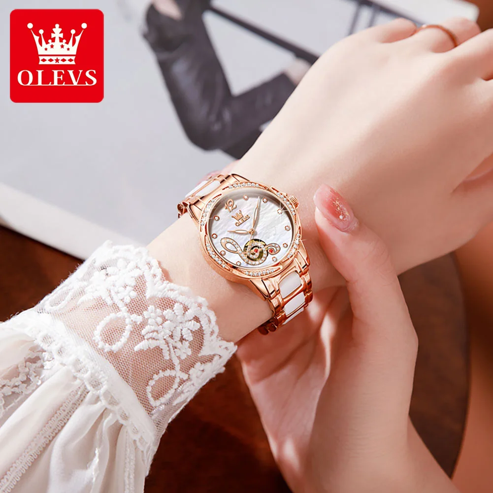 OLEVS New Ladies Mechanical Watch Women Ceramic Steel Bracelet Top Luxury Diamond Waterproof Automatic Watch Fashion Clock 6656