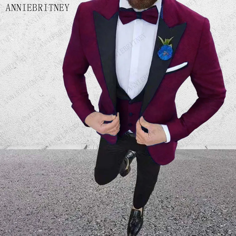 

2018 Tailored Burgundy Purple Suit Men Groom Slim Fit 3 Piece Tuxedo Prom Wedding Suits Blazer Terno Masuclino Jacket+Pant+Vest