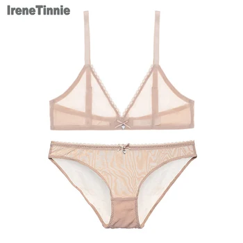 

Irene Tinnie Fashion Mesh Bra Set See Through Bra Crotchless Panty Sheer Bralette Soft Cups Sexy Thong Lingerie For Women