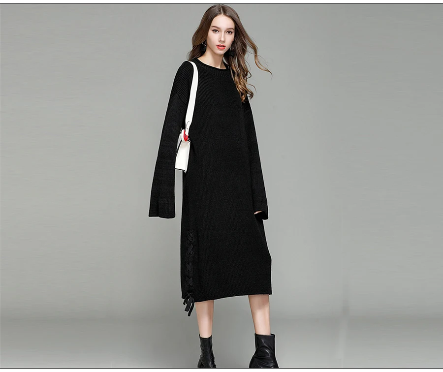 Autumn Long Sweater Dress Women Knitted Long Sweater Winter Loose Warm Sweaters Ladies Pullover O-neck Black Sweater Women