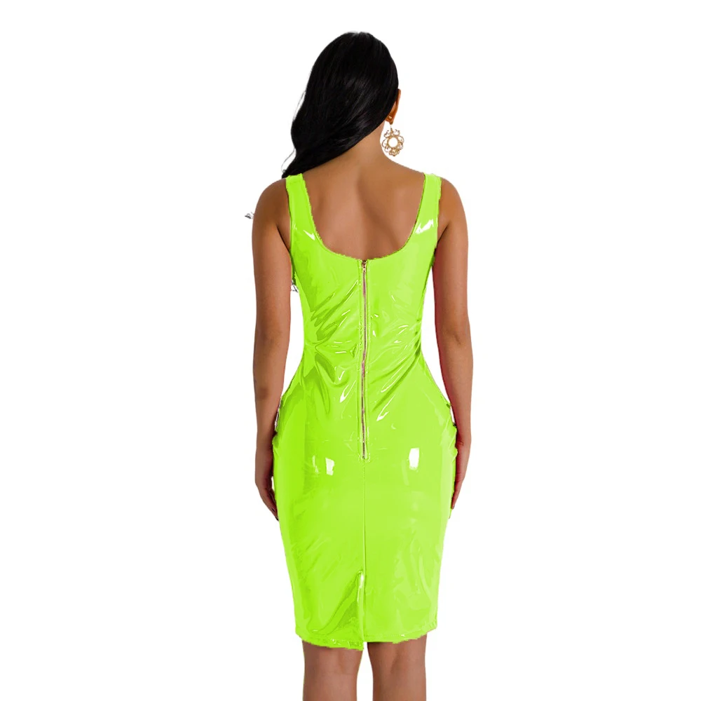 Sexy PVC Sheath Tank Dress Women Short Midi Low Cut Slim PU Patent Leather  Latex Nightclub Dresses Bodycon Package Hip Summer - AliExpress 200000345
