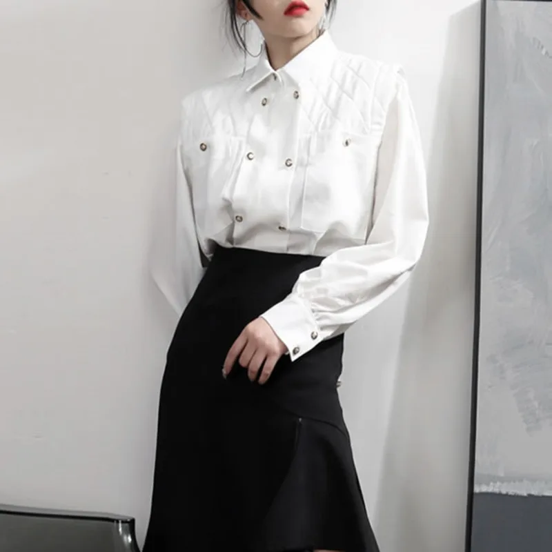 

Europe Personality Blouse Women Clothes 2020 New Patchwork Design Niche Vintage Plus Size Casual Polo Collar Shirt ZLL4626