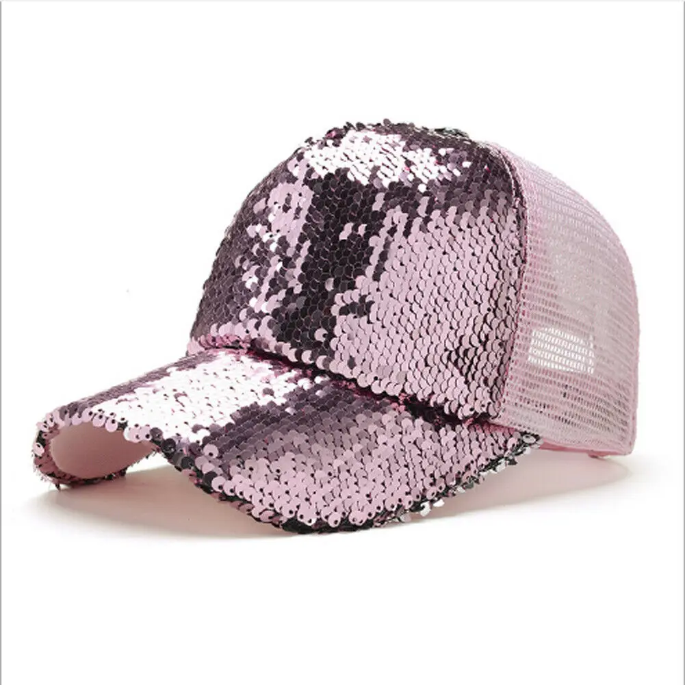 Новинка, Брендовые женские кепки, козырьки, повседневная бейсбольная кепка с хвостом, блестящая сетчатая бейсболка с блестками, кепка для защиты от солнца, модные кепки для девочек - Цвет: Розовый