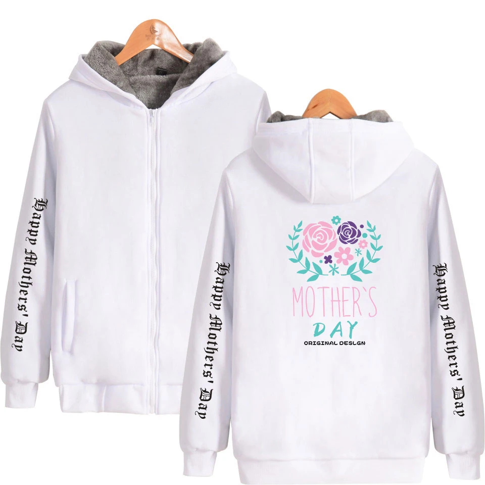 Mother's Day Print Casual Zipper Hoodie Jacket Trend New Fashion Long-sleeved Thick Jacket Large Size Clothes Winter New Style