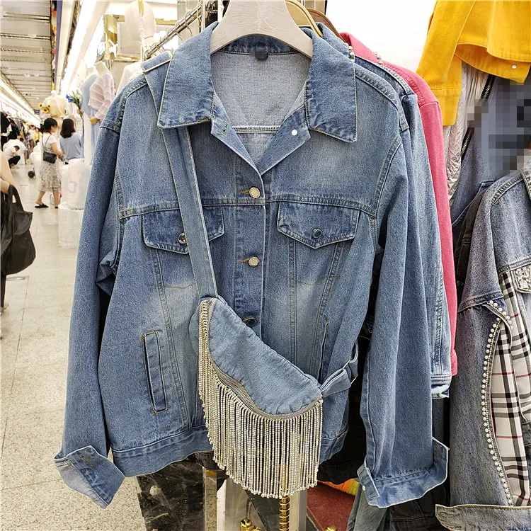 Street wear Fashion Rhinestone Tassel Bag + Light Blue Retro Denim Jacket Woman Bat Sleeve Lapel Jeans Coat Women Jackets