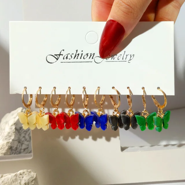 Flatfoosie 5Pair Pink Blue Heart Butterfly Drop Earrings Set For Women Boho Cute Star Moon Eye Dangle Earring 2022 Trend Jewelry 160002GD