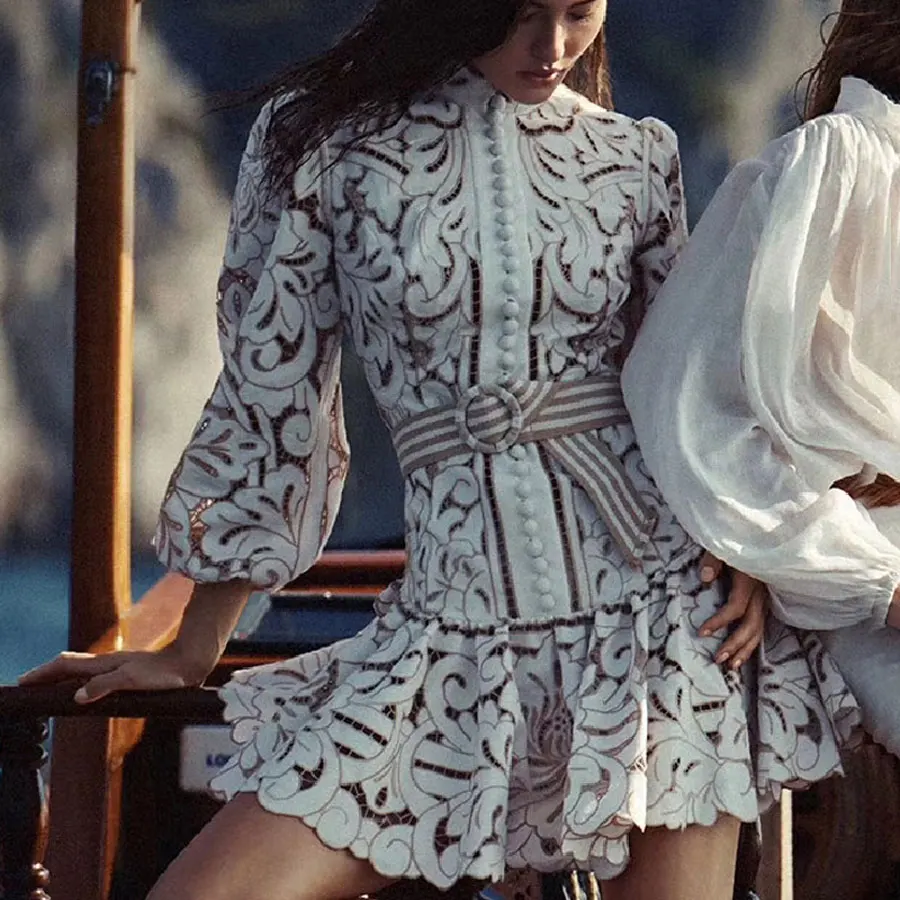 High Quality Women A-line Dress Long Sleeve Hollow Out Embroidery Sexy Dress Holiday and Vocation Winter Dress Women Clothe