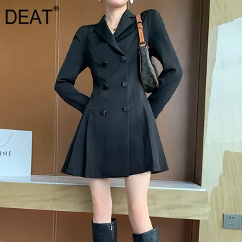 

DEAT neched collar black suit dress autumn new slim fit double breasted long sleeve Pleated dresses Office Lady clothes 7B0013