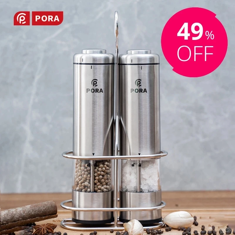 PORA-moulin à épices moulin à poivre électrique avec lumière Led salière et poivrière automatique en acier inoxydable-moulin à épices cadeau de cuisine