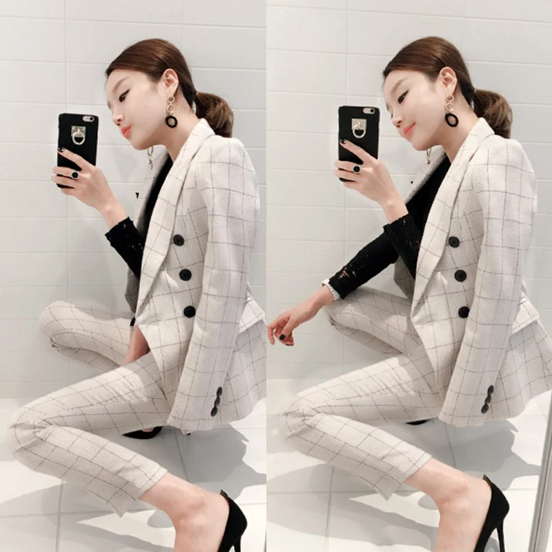 

2020 Spring New Women's Professional Suit Korean Casual Slim Plaid Temperament Single Breasted Office Wear Female 2 Piece Sets