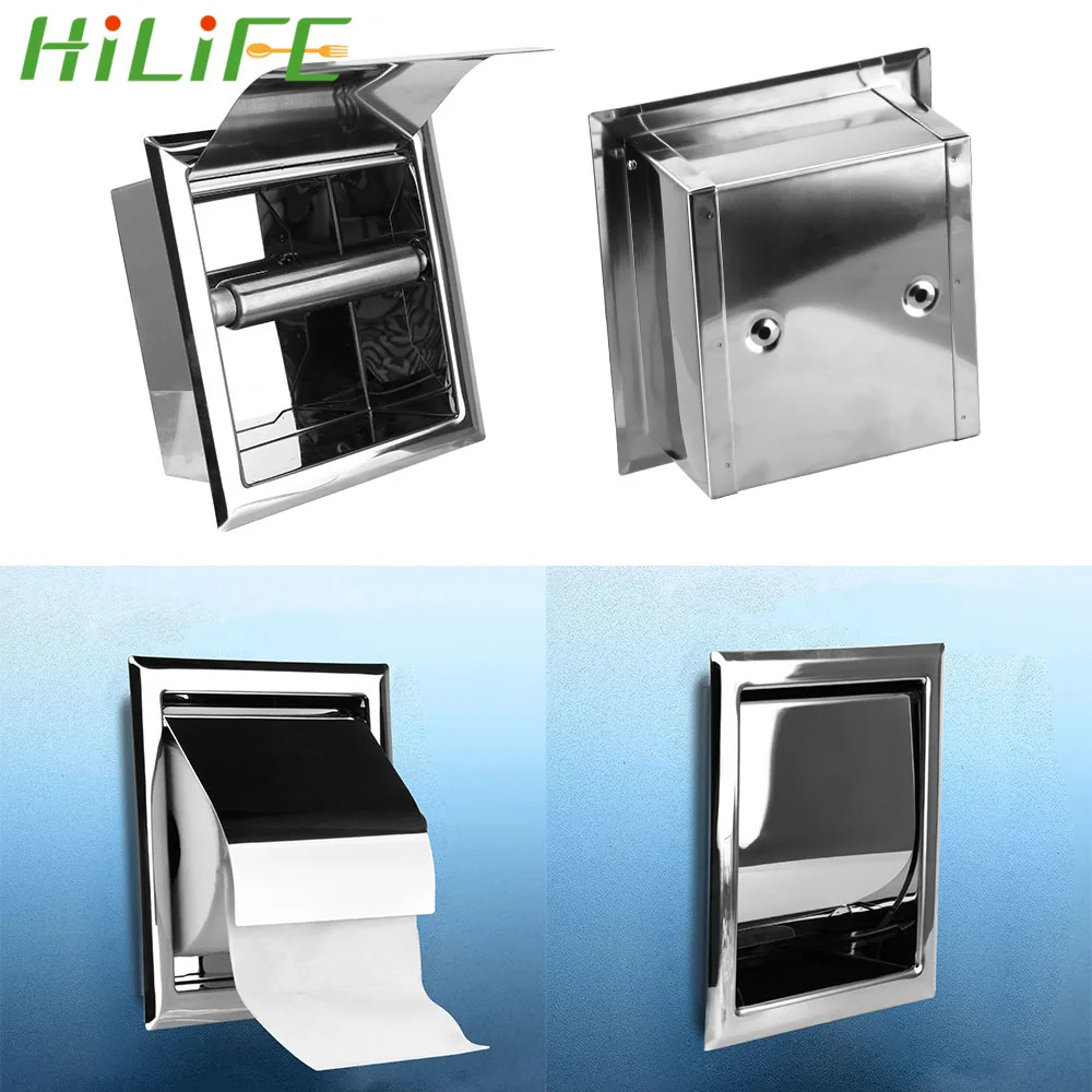 HILIFE Toilet Paper Holder Recessed Roll Paper Dispenser Storage Box Concealable Stainless Steel Polished Chrome Wall Mounted