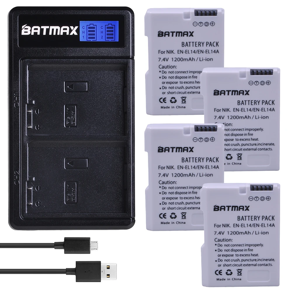 Batmax 4 шт. EN-EL14 EN-EL14a Белый батарея+ ЖК USB двойной зарядное устройство для Nikon D3100 D3200 D3300 D5600 D5100 D5200 D5300 P7000