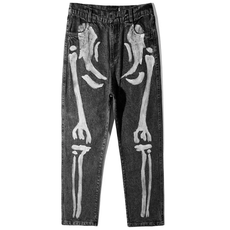 Cheap Blue Black Hip Hop Print Jeans Men Streetwear High Street Denim Pants Mens Retro Ripped Jeans for Men Trousers