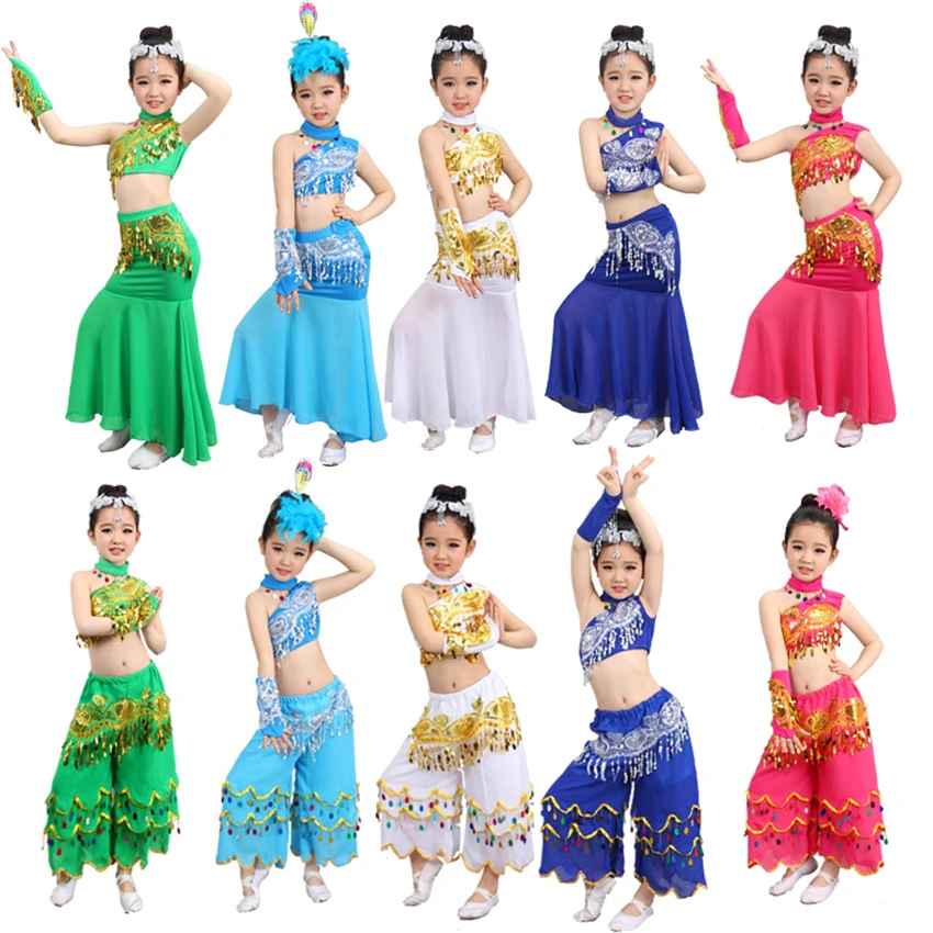 

Traditional Chinese Clothing for Girls Hanfu Sequin Peacock Folk Dai Dance Costume Stage Performance Festival Outfit 110-160CM