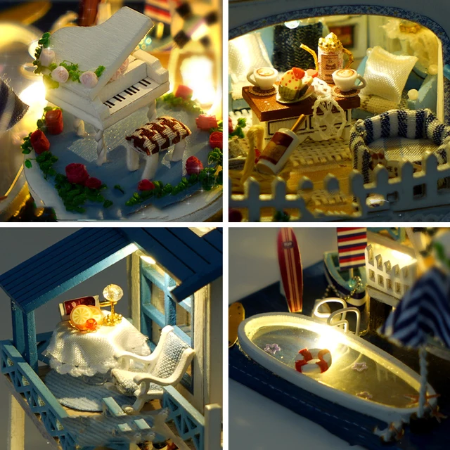 Mini DIY Wooden Doll House Kit Miniature Furniture Swimming Pool Casa Beach Cottage Dollhouse Toys for Children Girls Xmas Gifts 5