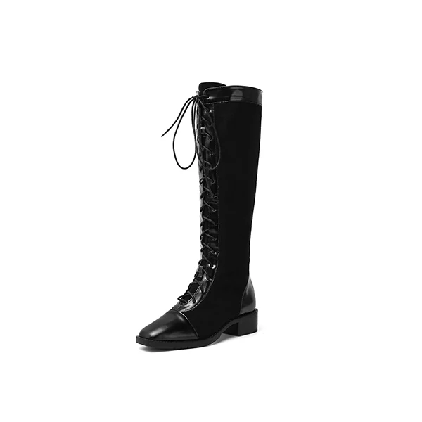 BESCONE/женские ботинки до середины икры на шнуровке зимняя обувь ручной работы черного цвета на квадратном каблуке удобные женские ботинки с квадратным носком на среднем каблуке; BM220 - Цвет: Black-long boots