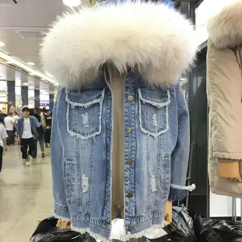 

Winter Hooded Big Fur Collar Thick Denim Jacket Pockets Winter Manually Worn Chaqueta Mujer Single Breasted Coat