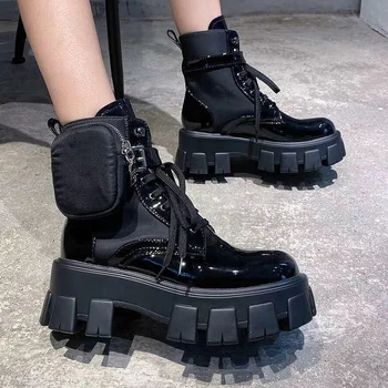 

Women's Boots Lace-Up Platform Boots Gothic Superstar Woman Ankle Boots 2020 Leather Cloth Patchwork Shoes Women Autumn