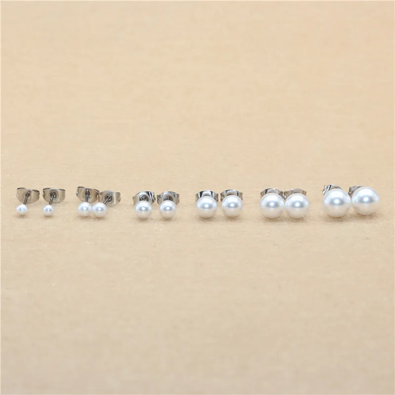 Brief Style Titanium Steel With ABS imitation Pearl Pearls Stud Earrings 3mm to 8mm No Fade Allergy Free