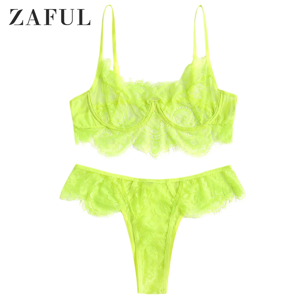 ZAFUL Lace Underwire Sheer Hollow Out Lingerie Set For Women Full Cup Back Closure Adjusted-Straps Female Sexy Set - Цвет: Chartreuse