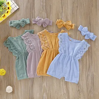 

Summer Newborn Girls Rompers Set Flare Sleeve Solid Print Lace Design Romper Jumpsuit With Headband One-Pieces
