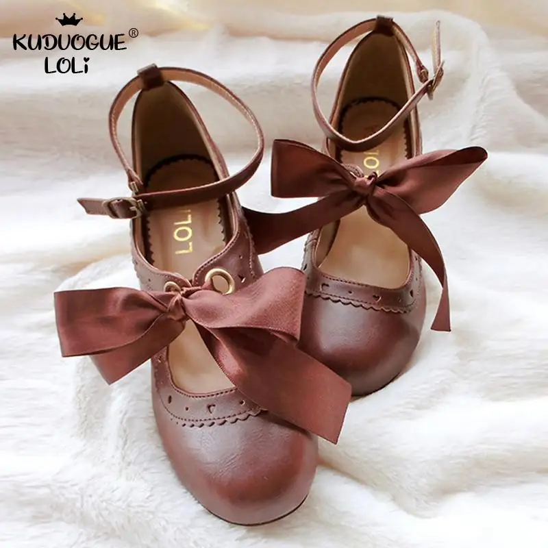 Women Lolita Shoes Japanese Mori Girl Lace Ribbon Bowknot Ladies Mid High Heels Sweet Princess Kawaii Cosplay Student PU Leather |