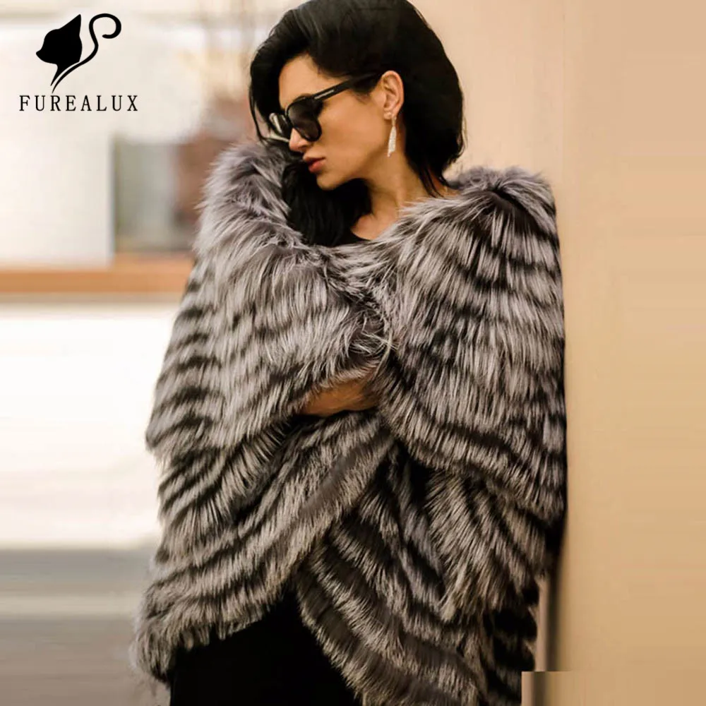 

Furealux 75cm Women Real Silver Fox Fur Coats Fashion Fur Jacket Striped Style Overcoat Women Fox Fur Outerwear Clothes
