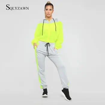 

Two Suit Sets Women Contrast Color Tracksuit Casual Zip Long Sleeve Autumn Hooded Pullover Jacket +Lace Up Long Pant Sweat Suit