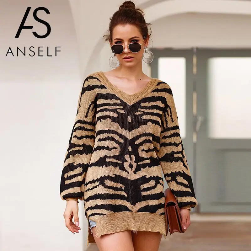 

ANSELF Women Sweaters and Pullovers Knitted Tunics female Jumpers Animal Skin Print V Neck Long Sleeves Slit Hem Knitting Top