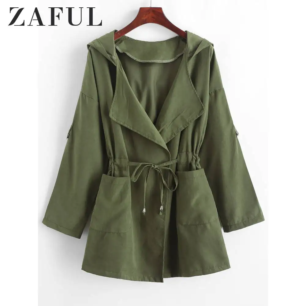 Женское Свободное пальто ZAFUL однотонное с капюшоном на завязках широкой талией