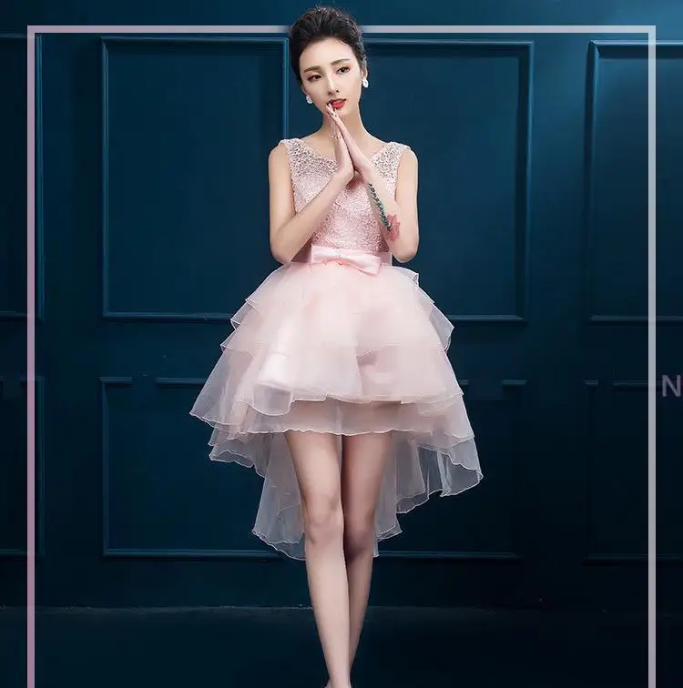 

high-end Sweet Pink Short Front Long Back Evening Dress Elegant O Neck Sleeveless Lace Up Plus Size Custom Made Prom Dress