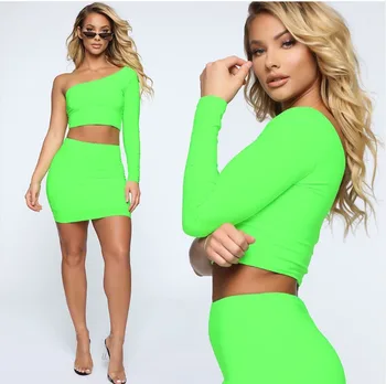 

Sexy 2 piece set women festival clothing two piece sets sexy neon crop tops + skirt set One Shoulder tracksuits matching sets