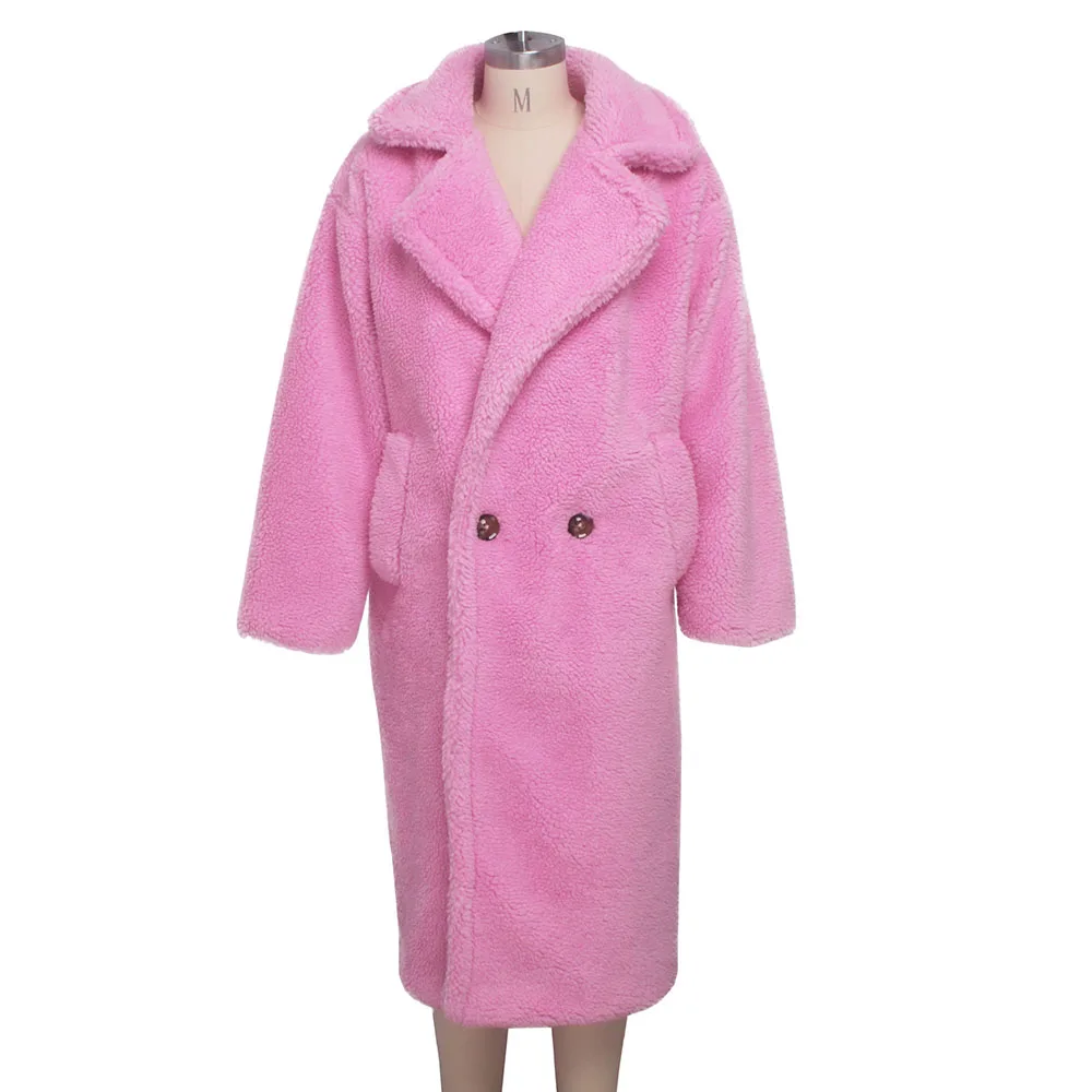 Розовая длинная плюшевая куртка, пальто для женщин, зима, толстая теплая верхняя одежда большого размера, женское повседневное пальто, пальто из искусственного меха с медвежонком
