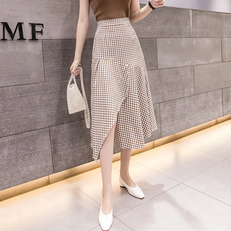 

Photo Shoot 2019 New Style High-waisted Slimming Plaid Skirt Fashion Joint Fishtail Skirt Women's Mid-length Sheath Long Skirts