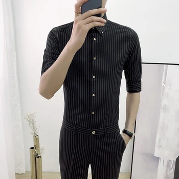 

2020 Summer Costume Business Slim Fit Suit Single Breasted Suit Black Stripe Casual Suit Set Seven Part Sleeve Shirt Men Suits