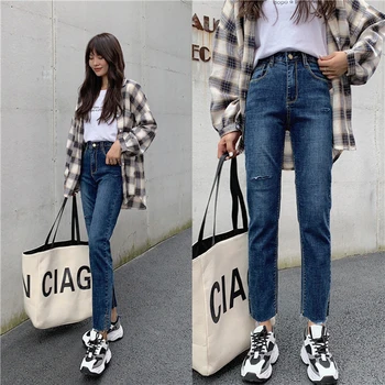 

chic straight jeans woman autumn high waist skinny ripped mom jeans women plus size stretch Ladies jeans denim jeans mujer