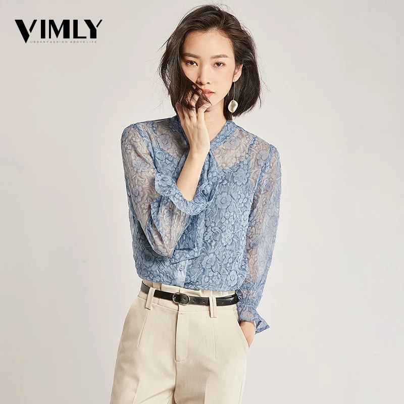 

Vimly Women Chiffon Flower Embossing Blouse Shirt Sexy Transparent Flare Sleeve Female Office Shirts Lady Blusa Outfits