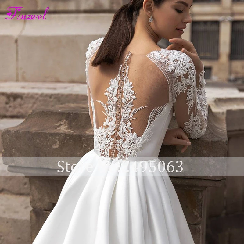 pink wedding dress Fsuzwel New Arrival Classic Scoop Neck Long Sleeve A-Line Wedding Dress 2022 Luxury Beading Appliques Satin Vintage Bridal Gown black wedding dresses