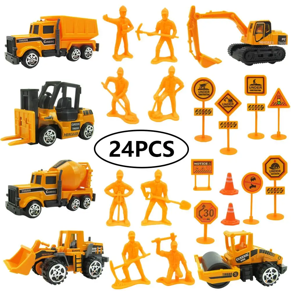 

24PCS Mini Alloy Engineering Car Model Truck Excavator Forklift Toy Construction Vehicle With Road Sign Educational Toy For Kids