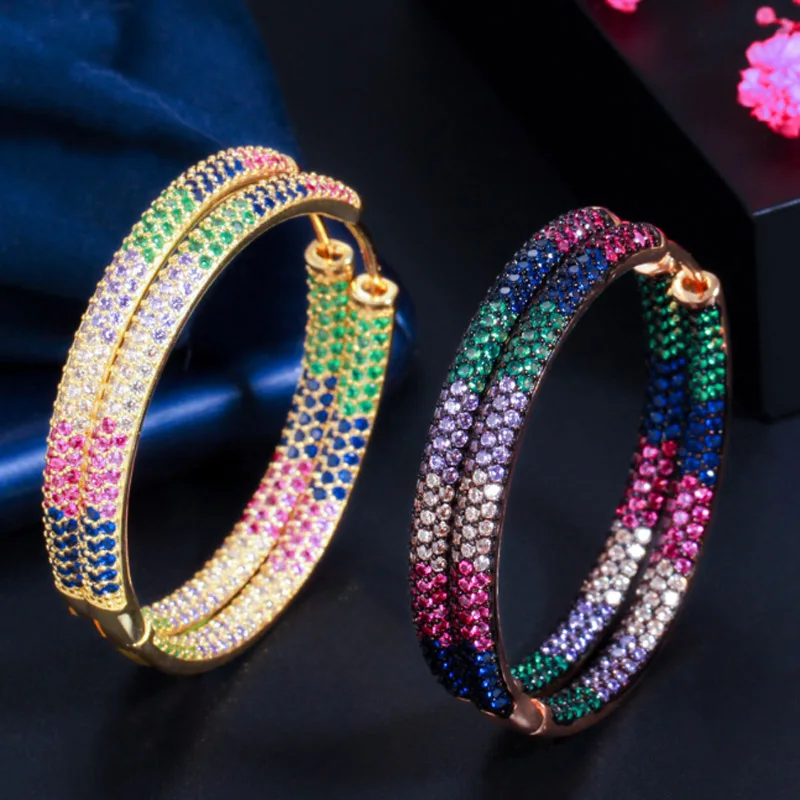 

Zlxgirl High Quality Two Colorful Cubic Zircon Circle Round Hoop Earrings for Women birdal Jewelry Hip Hop Pendientes Earing