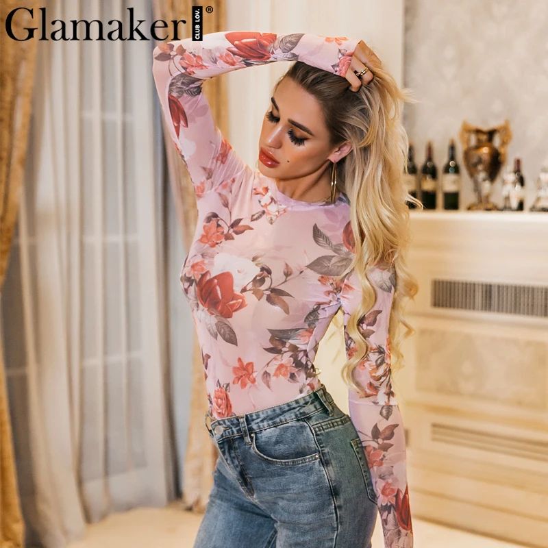 Glamaker винтажный Красный боди с цветочным принтом розы женский весенний сетчатый