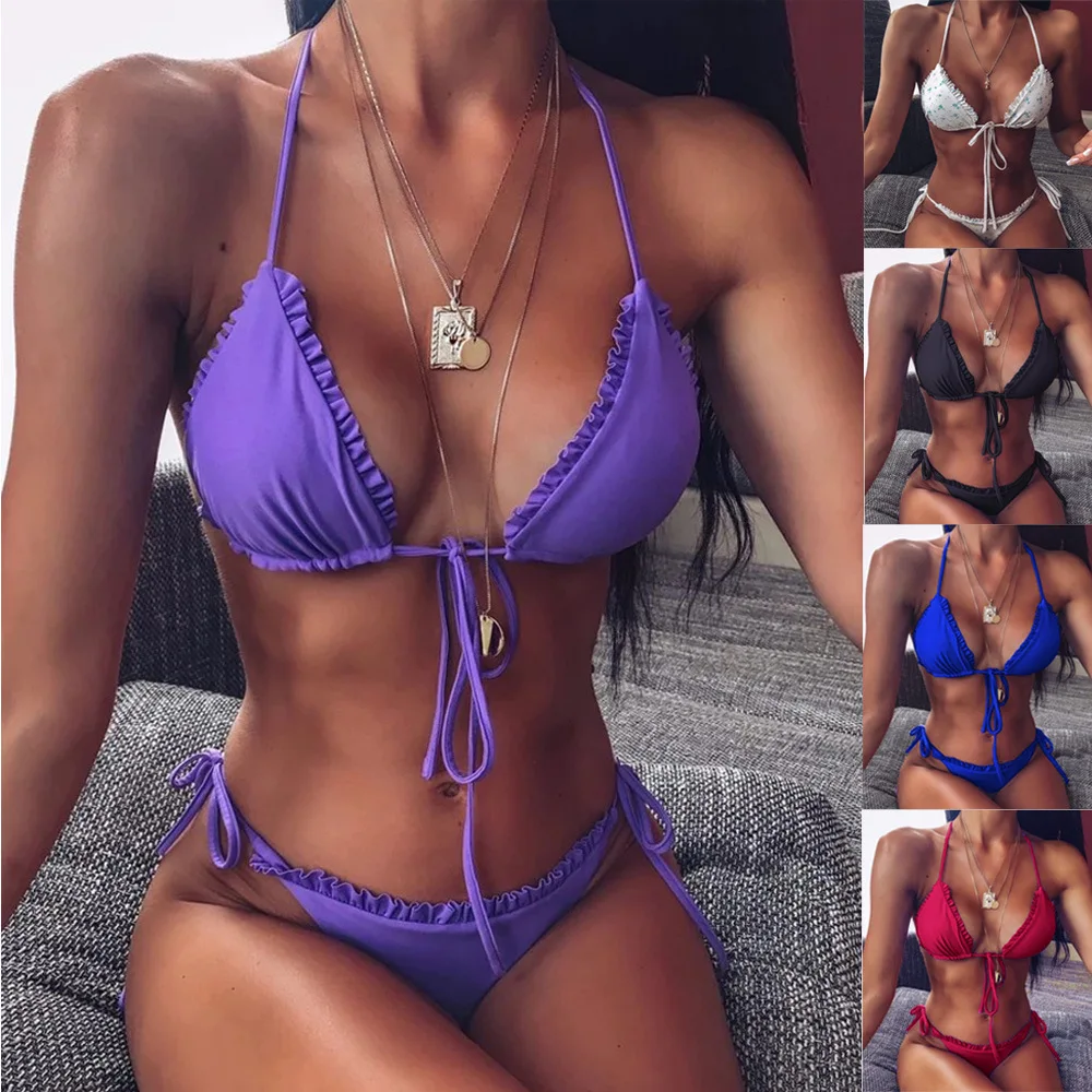 

Sexy Ruffles Bikini Set Women Bandage Push Up Padded Thong Women Bathing Suit Halter Style Beach Swimming Wear