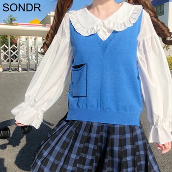 

Autumn Cute Pure Knitting Top College Style Pocket Vintage Tribal Knitted Cardigan Sweater Sweet Japanese Kawaii Sweater Vest