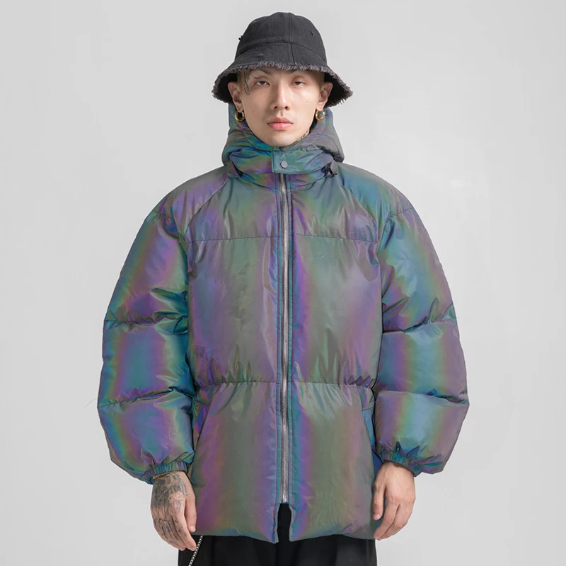 Для мужчин s в стиле «хип-хоп» куртка с капюшоном парка AB РАДУГА Цвет 3м Reflective Для мужчин ветровка уличная Harajuku зимняя стеганая куртка пальто