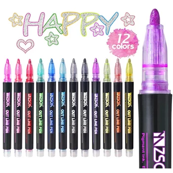 

12 Colors Metallic Glitter Colorful Color Outline Marker Kawaii Art Marker Double Line Pen for School Drawing Art Supplies Pen